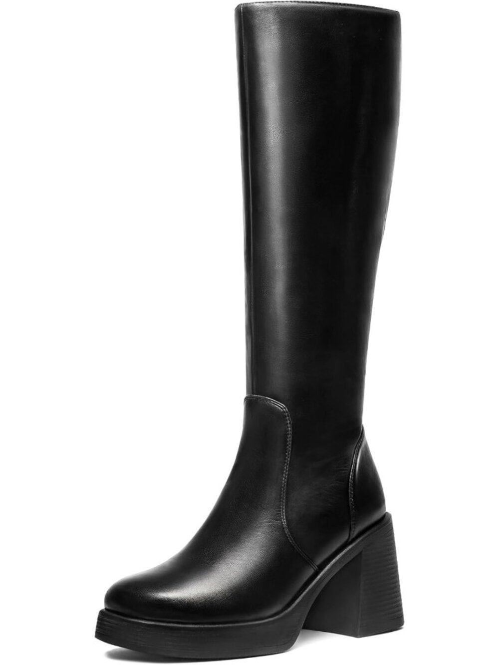 Stylish Knee High Platform Boots for Women - Chunky Square Toe Block Heels, Side